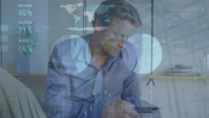 Poster - Animation of financial data processing over caucasian businessman using smartphone