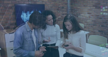 Poster - Animation of graphs, trading board over diverse coworkers discussing reports over digital tablet