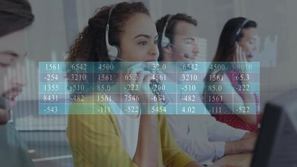 Poster - Animation of financial data processing over diverse business people using phone headsets in office