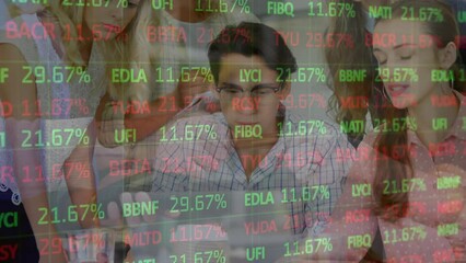 Poster - Animation of financial data processing over diverse business people using phone headsets in office