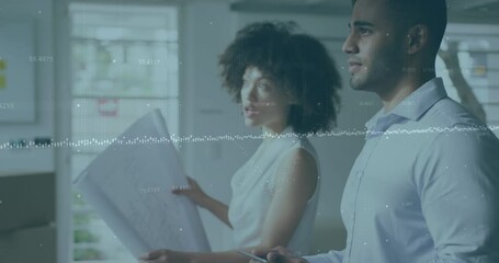 Poster - Animation of financial data processing over diverse business people in office