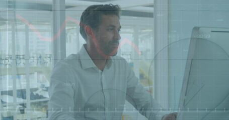 Poster - Animation of financial data processing over caucasian businessman using computer in office