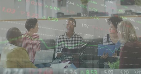Poster - Animation of trading board over diverse colleagues discussing report in meeting at office