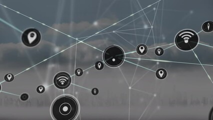 Poster - Animation of icons and dots connected with line against dense clouds and city in background