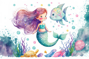 Wall Mural - a white backdrop in isolation with a mermaid tail. child's watercolor painting. Generative AI