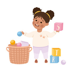 Wall Mural - Happy Girl Near Basket with Toy Blocks and Ball Playing and Having Fun Vector Illustration