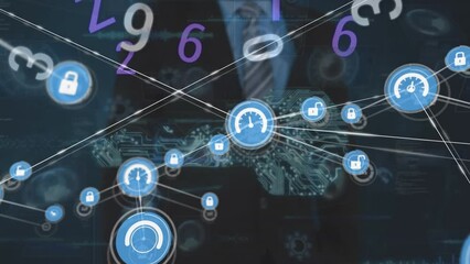Poster - Animation of network of connections over caucasian businessman and data processing