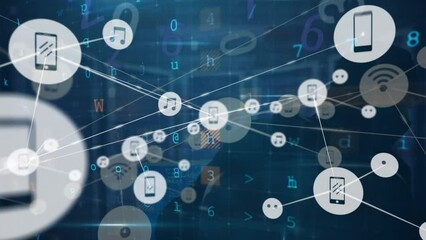 Poster - Animation of connected icons over letters, symbols, numbers on rear view of hacker using computer