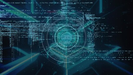 Poster - Animation of programming language over globe, graph, bars, map and digital clock