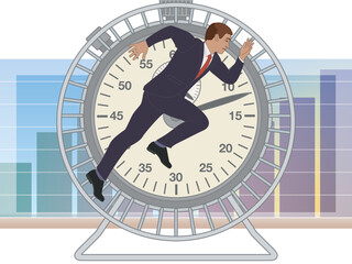 Wall Mural - business man running on hamster wheel against time with stopwatch and bar graph in background