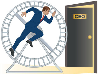 Wall Mural - business man running on hamster wheel to CEO door isolated on white background