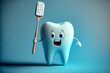 lustiger, glücklicher Comic Zahn in 3d mit Zahnbürste isoliert auf pastellfarbenen Hintergrund mit Platzhalter