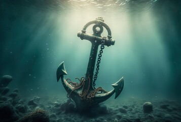 illustration of big iron anchor that abandoned at ocean floor with sung light shine through water su