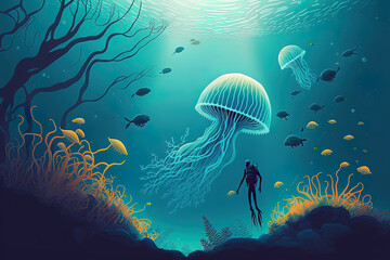 Wall Mural - A realistic underwater environment with plants and jellyfish. Generative AI