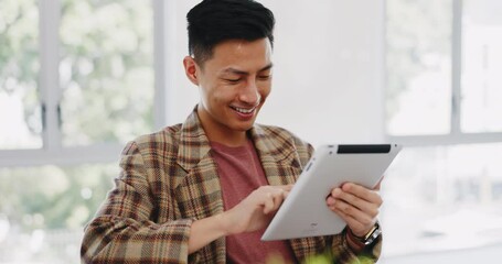 Aufkleber - Tablet, research and creative with an asian man designer thinking about an idea while working on a design. Internet, innovation and search with a male employee at work in his marketing office