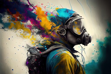 Wall Mural - graffiti sprayer artist with mask in a colourful scene, generative ai
