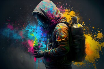 Wall Mural - colourful graffiti spray paint artist man or woman with hoodie and paint explosion, generative ai