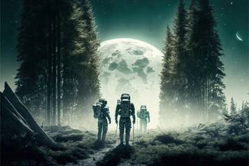 Wall Mural - open space astronauts landing on the moon covered with forest, created with generative ai technology