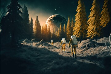 Wall Mural - open space astronauts landing on the moon covered with forest, created with generative ai technology