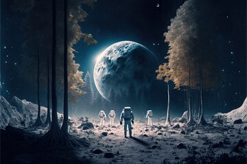 Wall Mural - open space astronauts landing on the moon covered with forest, created with generative ai technology