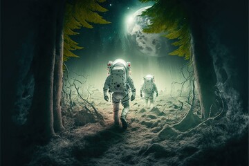 Wall Mural - open space astronauts landing on the moon covered with forest, created with generative ai technology