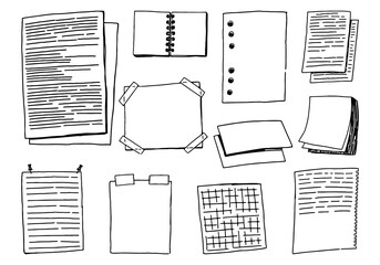 Leinwandbilder - Set of memo pages, paper blank template, notepad in doodle style. Clip arts for diary, daily planning. Hand drawn vector element. Contour drawing isolated on white.