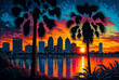 Tampa Bay, Florida, skyline, sunset, painting. Generative AI