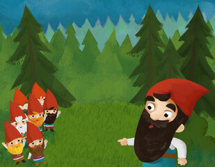 Wall Mural - cartoon scene with dwarfs in the forest illustration