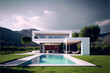 Leinwandbild Motiv Residential villa with spectacular swimming pool with mountain view. Generative AI illustration