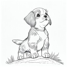 Outline Illustration Of Dog For Coloring Book Page. Spring Background. Coloring Card For Kids And Adults. AI