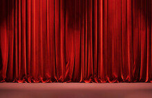 3D Closed Vibrant Red Satin Curtain Drapes On Maroon Red Stage Floor With Spotlight From Top For Luxury Performance, Show, Concert, Theater, Exhibition Event Background