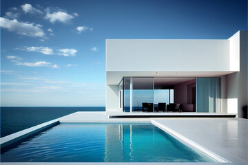 Beautiful residential villa. Modern architecture with swimming pool, a tree and sea view. Generative AI illustration