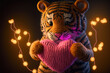 Fluffy tiger plush holding a knitted heart. Closeup shot and blurry lights background.