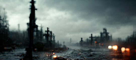 blur background of dimly lit street with raindrops