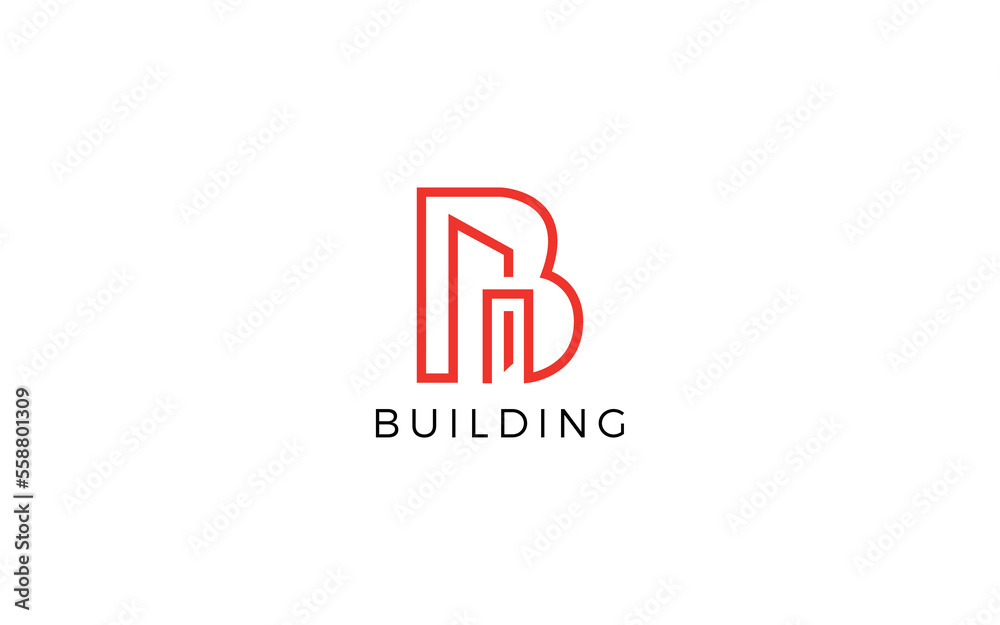Letter B logo formed building symbol with simple line in red color ...