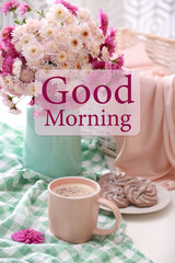 Poster - Good morning! Cup of fresh coffee and beautiful bouquet on white table