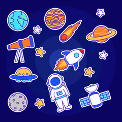 Canvas Print - set of space and astronomy vector illustrations with a colorful hand-drawn style on dark blue backgr