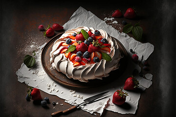 Wall Mural - Pavlova meringue topped with strawberries