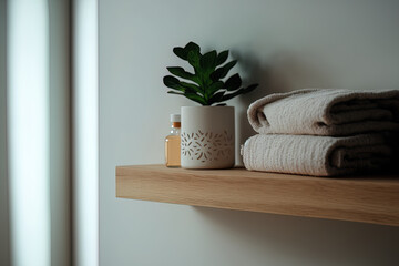 Canvas Print - A wooden shelf with a towel, shampoo, and a flower can be seen in a straightforward bathroom. Minimalist design. Generative AI