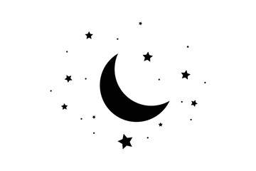 Moon and stars icon isolated. Flat design. Moon and star Icon isolated on white Background. Night symbol for your web site design, logo. Flat design. filled black symbol. Vector EPS 10.