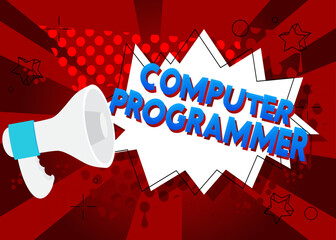 Poster - Computer Programmer text with cartoon Megaphone. Vector Announcement illustration.