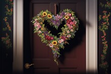  A Heart Shaped Wreath With Flowers On A Door Way With A Handle On A Door Handle And A Door Handle On The Door Handle Of The Door Is A Red Door With A Floral Design. Generative AI