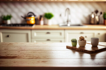 Sticker - Home background with a wooden desk and a fuzzy kitchen interior. Generative AI