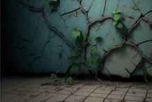  A Wall With Vines Growing On It And A Tiled Floor In Front Of It With A Blue Wall Behind It And A Tiled Floor Below It With A White Tiled Floor And A Light Area. Generative AI