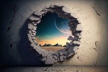  A Hole In The Wall With A View Of A Planet In The Background With A Sky And Mountains In The Background With A Moon And A Distant Distant Distant Distant Distant Area With A Distant.