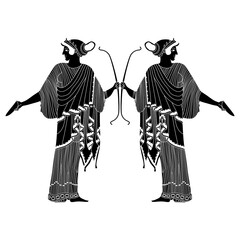 Wall Mural - Symmetrical ethnic design with ancient Greek goddess Artemis holding bow. Vase painting style. Black and white negative silhouette. Isolated vector illustration.