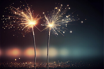 Sticker - two sparklers in an obscure background with lots of copy space, perfect for backgrounds, generative 