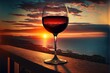  a glass of wine sitting on a wooden table overlooking the ocean at sunset or sunrise or sunset with a view of a city and the ocean in the distance is a sunset with a red. Generative AI