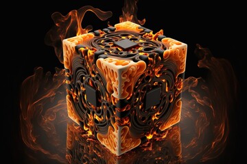 Wall Mural -  a 3d rendering of a cube with flames surrounding it on a black background with a reflection of the cube on the surface of the image and the cube is in the center of the image. Generative AI