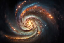  A Spiral Galaxy With Stars And A Blue Sky Background With Stars And A Black Background With A Blue Sky And A White And Orange Spiral Shape With A Few Stars And A Few Small Lights.